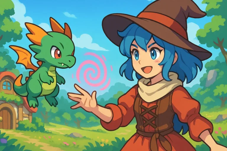 Jeune magicienne contrôlant un dragon dans un décor coloré évoquant l’univers du jeu Farmagia sur Nintendo Switch.