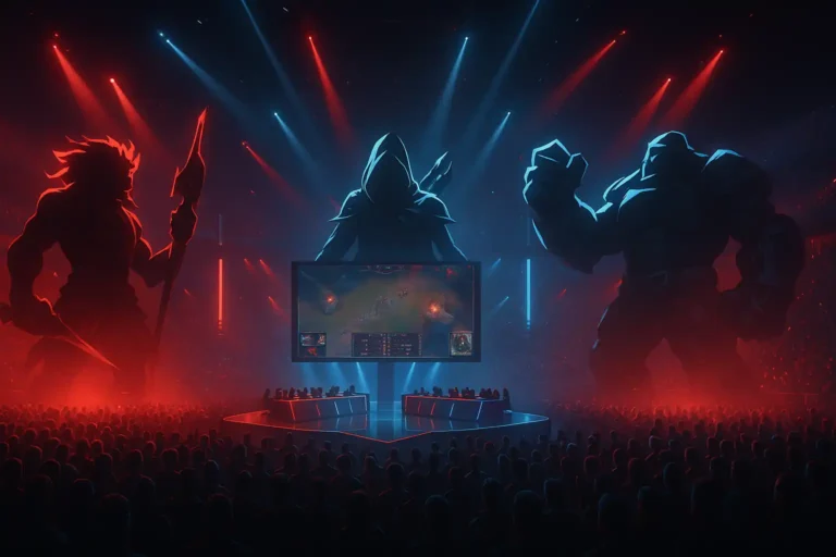Illustration épique de First Stand League of Legends 2025 montrant une arène esports futuriste à Séoul, éclairée de lumières rouges et bleues avec des silhouettes géantes de champions LoL et un public en effervescence