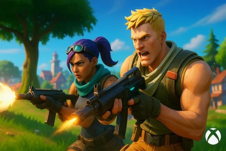 Illustration réaliste et cinématographique de Fortnite sur Xbox Series X|S montrant deux personnages en combat dans un décor explosif et coloré