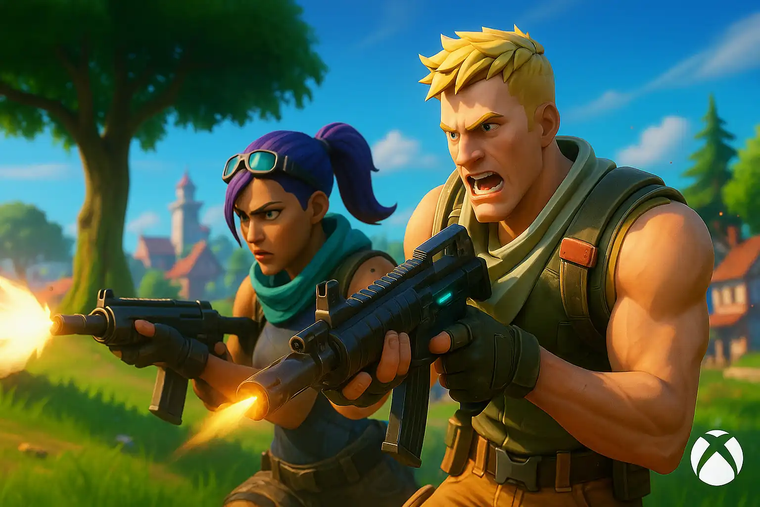 Illustration réaliste et cinématographique de Fortnite sur Xbox Series X|S montrant deux personnages en combat dans un décor explosif et coloré