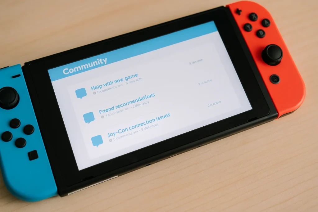 Nintendo Switch posée sur une table affichant un écran de forum communautaire avec discussions actives