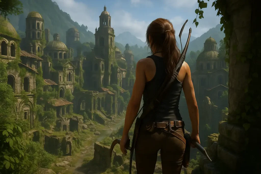 Aventurière observant une cité antique recouverte de végétation luxuriante, ambiance type Tomb Raider