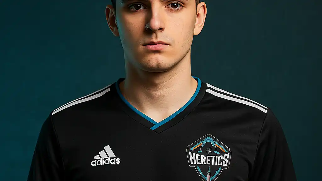 Portrait horizontal de Kamiloo, joueur professionnel français de League of Legends, vêtu du maillot Team Heretics