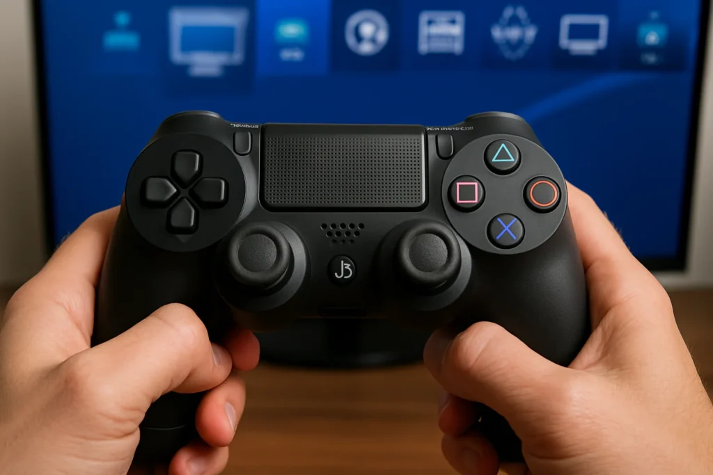 Gros plan sur une manette PS4 tenue à deux mains devant un écran affichant l’interface de la console