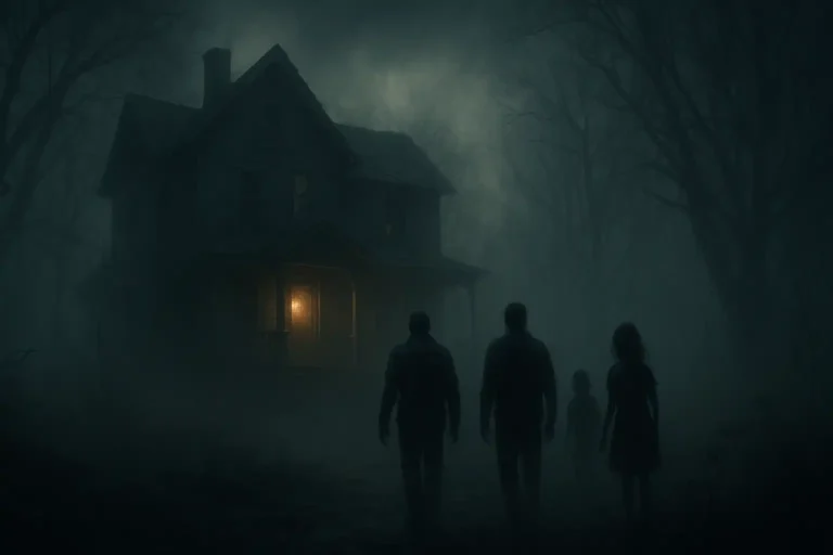 Illustration horrifique montrant une maison hantée sous la lune avec quatre silhouettes inquiétantes avançant dans la brume