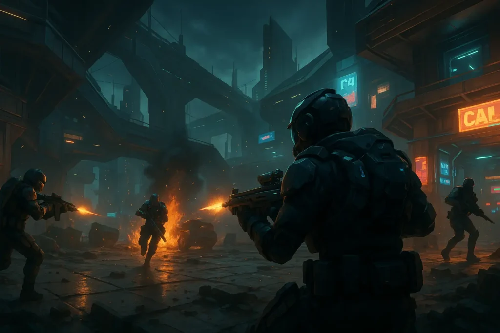 Scène immersive de jeu MMOFPS free to play avec environnement futuriste multijoueur