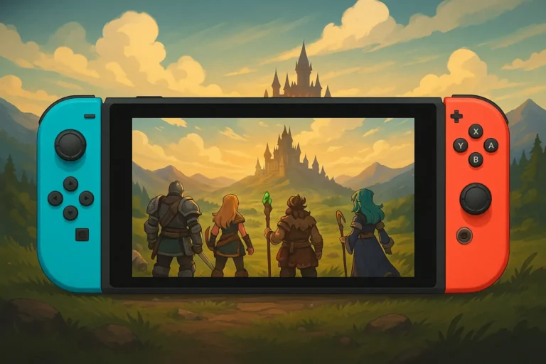 Nintendo Switch affichant un MMORPG fantastique avec quatre héros face à un château dans un paysage lumineux.
