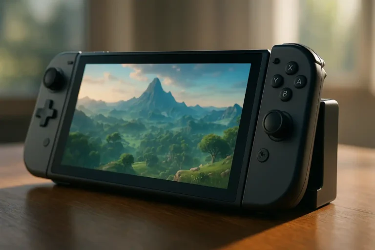 Illustration réaliste de la Nintendo Switch 2 en 2025 posée sur une table avec ses Joy-Con, affichant un jeu coloré en arrière-plan flou
