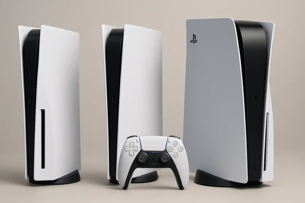 PlayStation 5 en 2025 avec ses trois modèles : Slim, Digital Slim et Pro côte à côte avec une manette DualSense