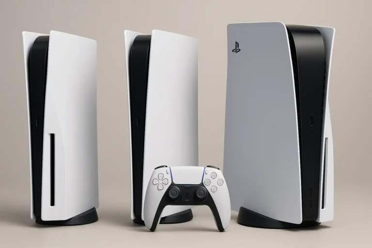 PlayStation 5 en 2025 avec ses trois modèles : Slim, Digital Slim et Pro côte à côte avec une manette DualSense