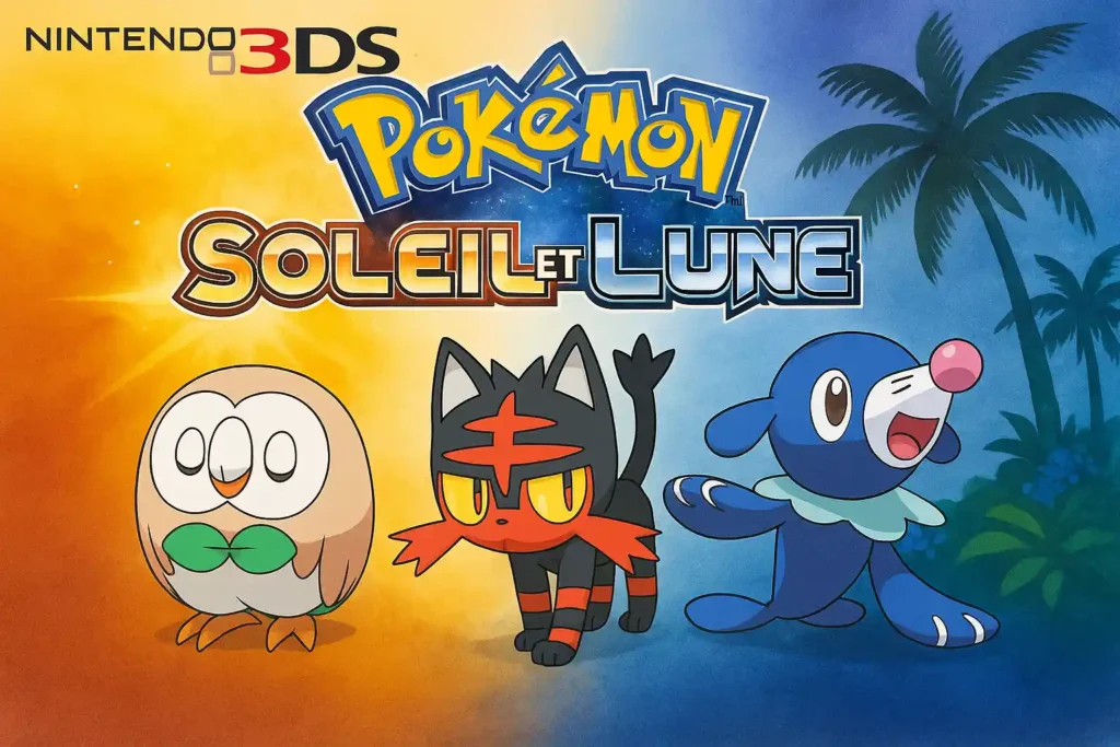 Pokémon Soleil et Lune sur Nintendo 3DS avec les starters Brindibou, Flamiaou et Otaquin dans la région tropicale d’Alola