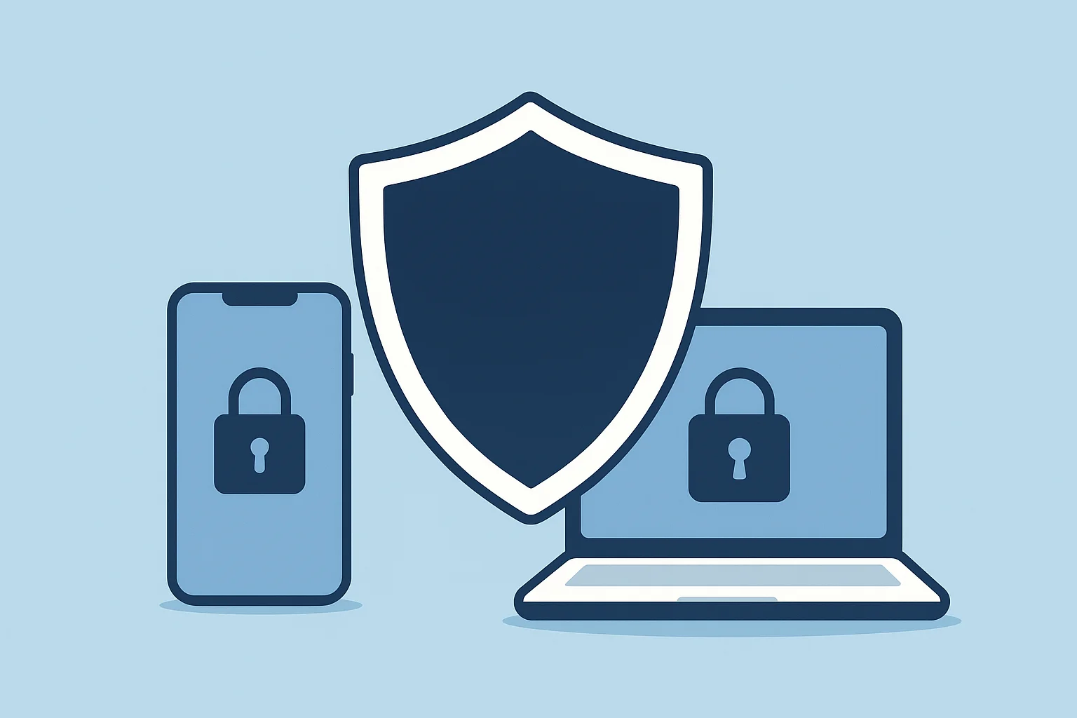 Protection des données personnelles : bouclier, smartphone et ordinateur avec cadenas, symbolisant la sécurité numérique