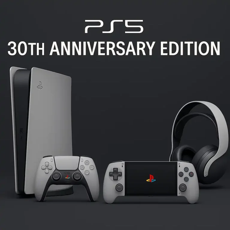 Visuel de la PS5 30th Anniversary en coloris gris PS1 avec manette DualSense, PlayStation Portal et casque assortis dans un design collector rétro