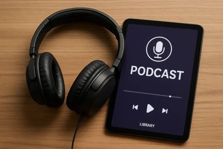 Casque audio posé à côté d’une tablette affichant une application de podcast sur une table en bois, illustrant l’écoute moderne à la demande.