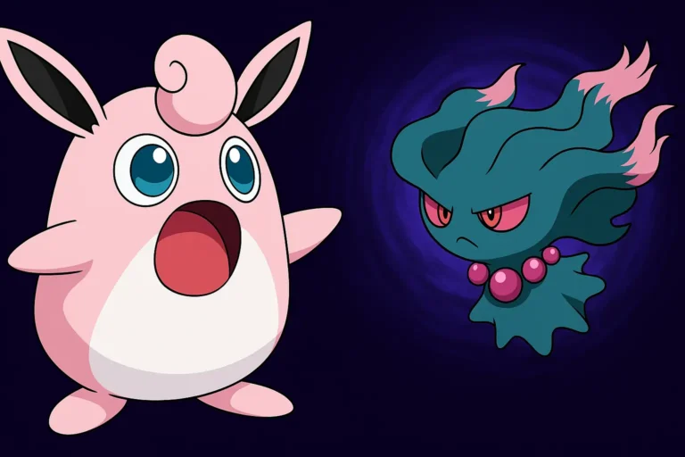 Illustration de Wigglytuff utilisant l’attaque Requiem face à Misdreavus dans une ambiance sombre et stratégique.