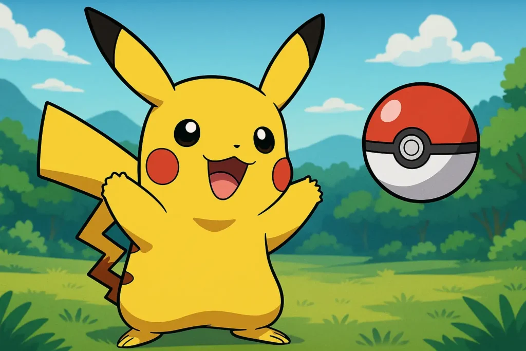 Pikachu souriant aux côtés d’une Pokéball flottante dans un paysage naturel évoquant l’univers Pokémon.