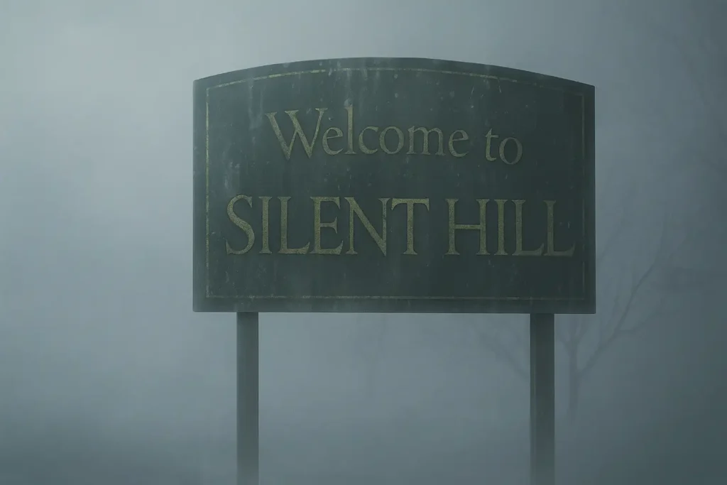 Silent Hill 2 PS5 : panneau brumeux avec l'inscription Welcome to Silent Hill dans une ambiance sombre et mystérieuse, illustrant la sortie du remake sur PlayStation 5