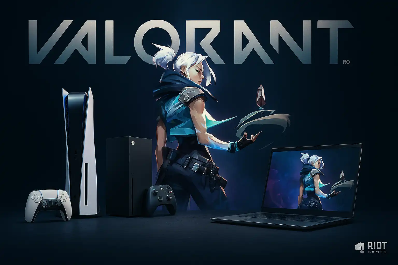 Illustration réaliste et cinématographique de Valorant montrant des agents en pleine action tactique dans un décor urbain futuriste, disponible sur PS5, Xbox Series et PC
