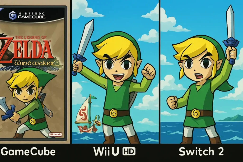 Illustration colorée de Link naviguant sur son bateau dans The Legend of Zelda: The Wind Waker, avec ciel lumineux et îles en arrière-plan