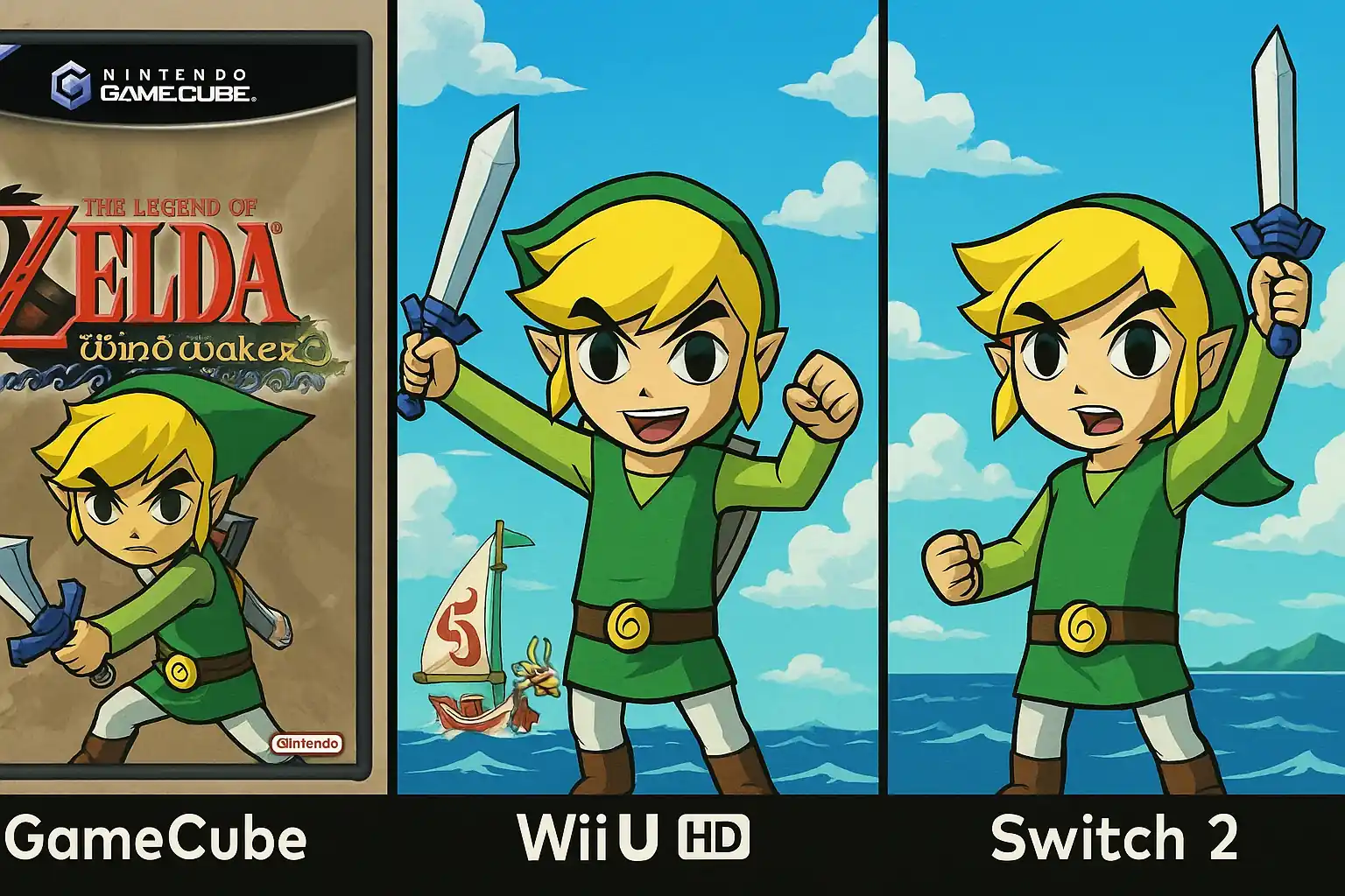 Illustration colorée de Link naviguant sur son bateau dans The Legend of Zelda: The Wind Waker, avec ciel lumineux et îles en arrière-plan