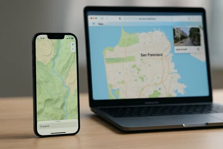iPhone et MacBook affichant Apple Maps avec cartes topographiques et navigation web, illustration des nouveautés iOS 18