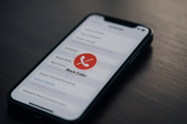 iPhone moderne affichant une interface abstraite de blocage d’appel dans les réglages iOS 18, posé sur une table