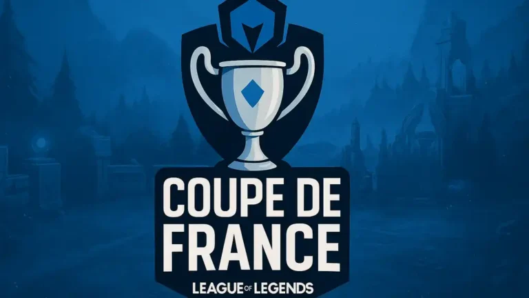 Visuel officiel de la Coupe de France League of Legends avec trophée argenté et fond bleu