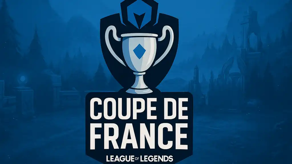 Visuel officiel de la Coupe de France League of Legends avec trophée argenté et fond bleu