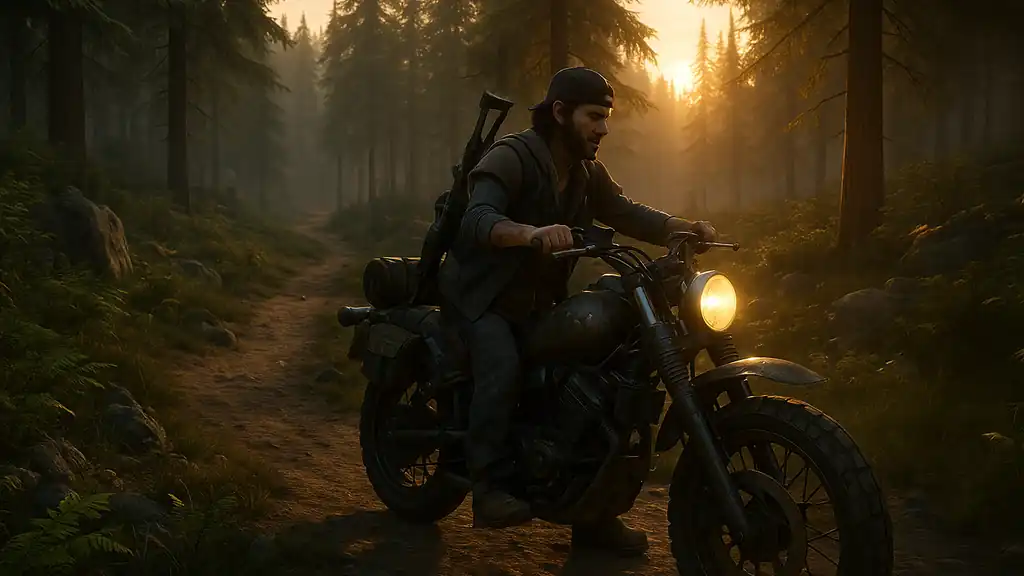 Deacon St. John sur sa moto dans la forêt au coucher du soleil dans Days Gone Remastered PS5