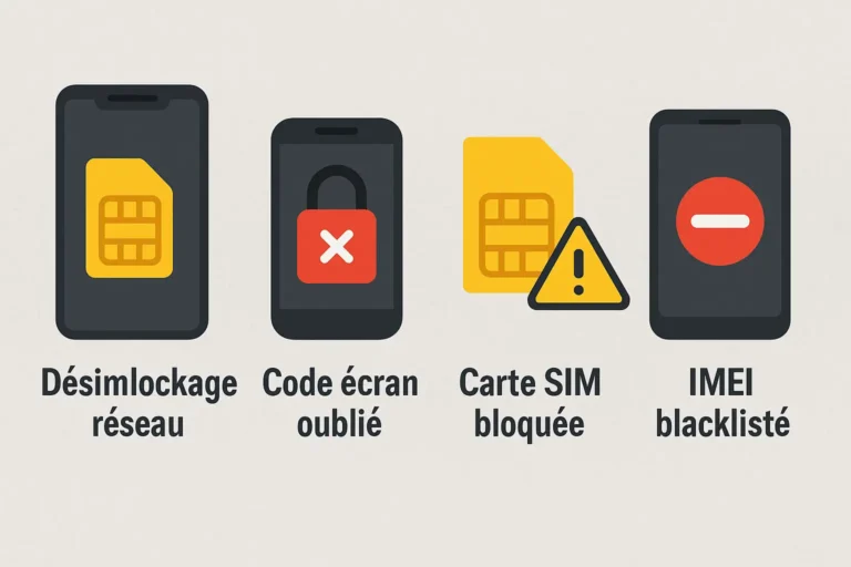 Illustration des principales méthodes pour débloquer un téléphone : désimlockage réseau, code écran oublié, carte SIM bloquée et IMEI blacklisté