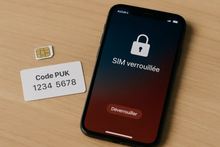 iPhone affichant l’alerte SIM verrouillée, carte SIM et support PUK à côté