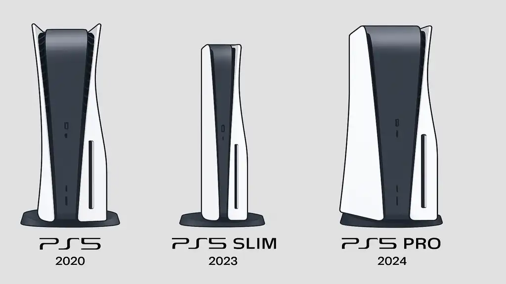Comparatif dimensions et poids PS5 2020 PS5 Slim 2023 PS5 Pro 2024