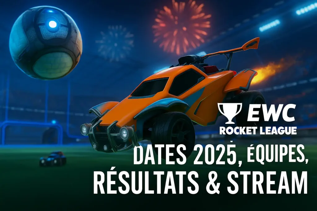 EWC Rocket League 2025 avec voiture orange en plein match et ballon lumineux dans un stade