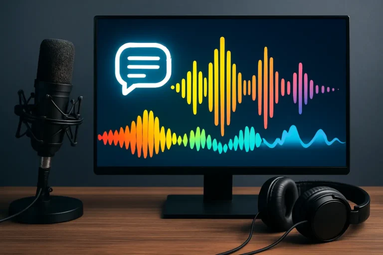 Poste audio horizontal avec micro de studio, casque et écran affichant des ondes sonores colorées, symbole d’un générateur de voix IA en français
