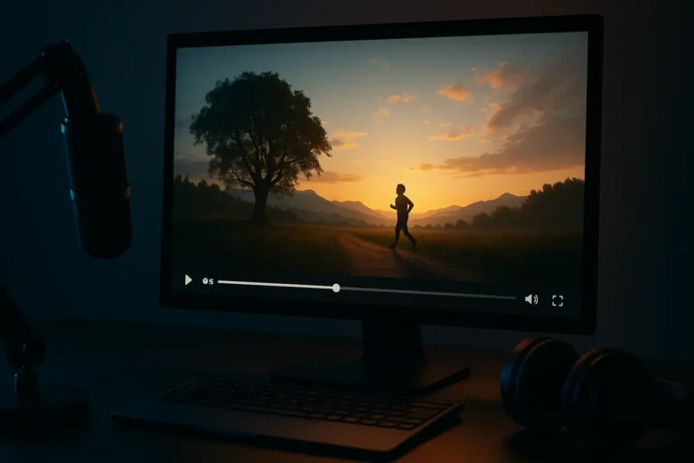 Écran d’ordinateur affichant une vidéo générée par IA avec un coureur au coucher de soleil, casque et micro de studio posés à côté