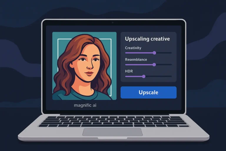 Ordinateur portable affichant une image en cours d’upscaling avec des détails colorés affinés par l’IA