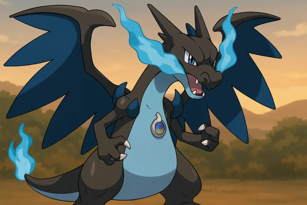 Illustration de Méga-Évolution Pokémon avec Méga-Charizard X et ses flammes bleues emblématiques