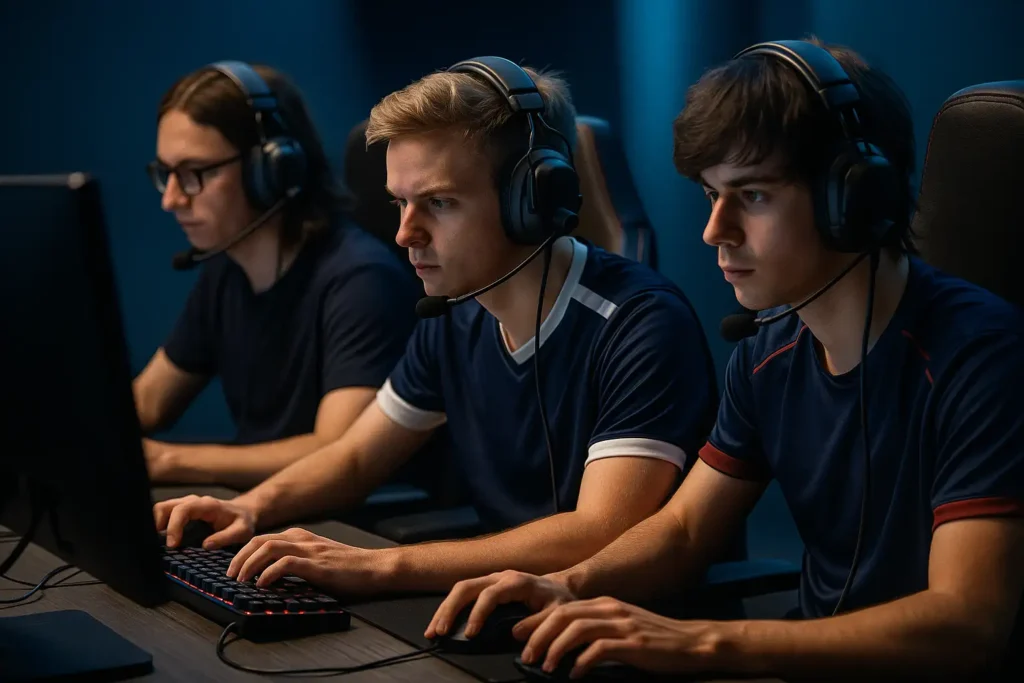 Joueurs professionnels de League of Legends concentrés en pleine compétition esports, illustration du mercato LEC et LFL 2025