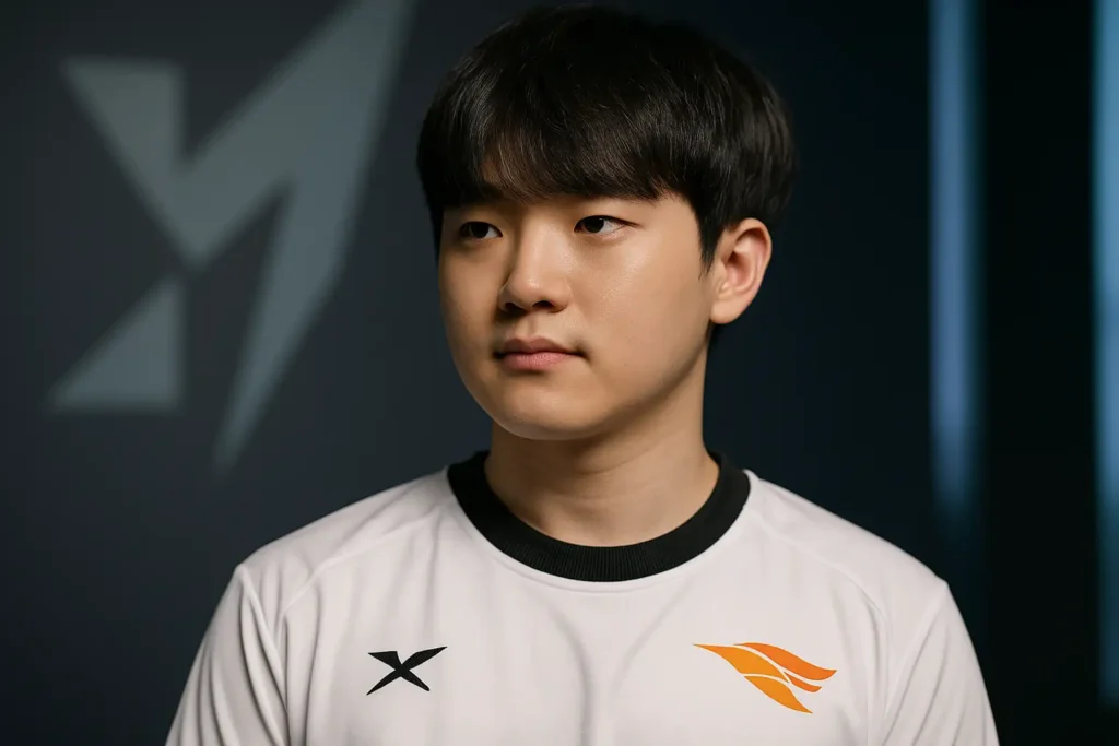 Portrait réaliste du joueur Peanut, jungler coréen professionnel de League of Legends chez Hanwha Life Esports