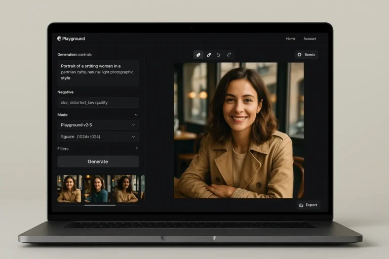 Ordinateur portable affichant un canvas numérique coloré en cours d’édition avec Playground AI