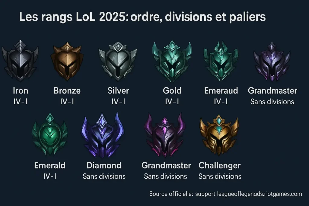 Icônes des rangs League of Legends 2025 de Iron à Challenger