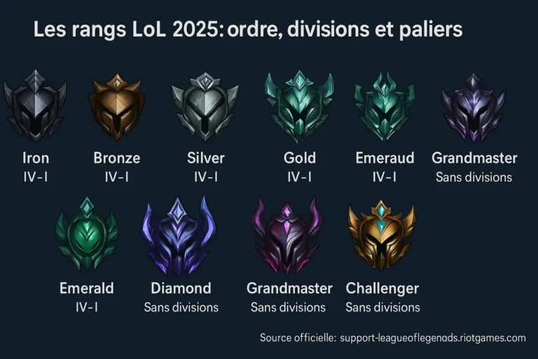 Icônes des rangs League of Legends 2025 de Iron à Challenger