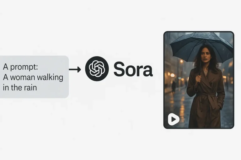 Illustration montrant Sora de ChatGPT transformant un prompt texte en vidéo réaliste générée par intelligence artificielle
