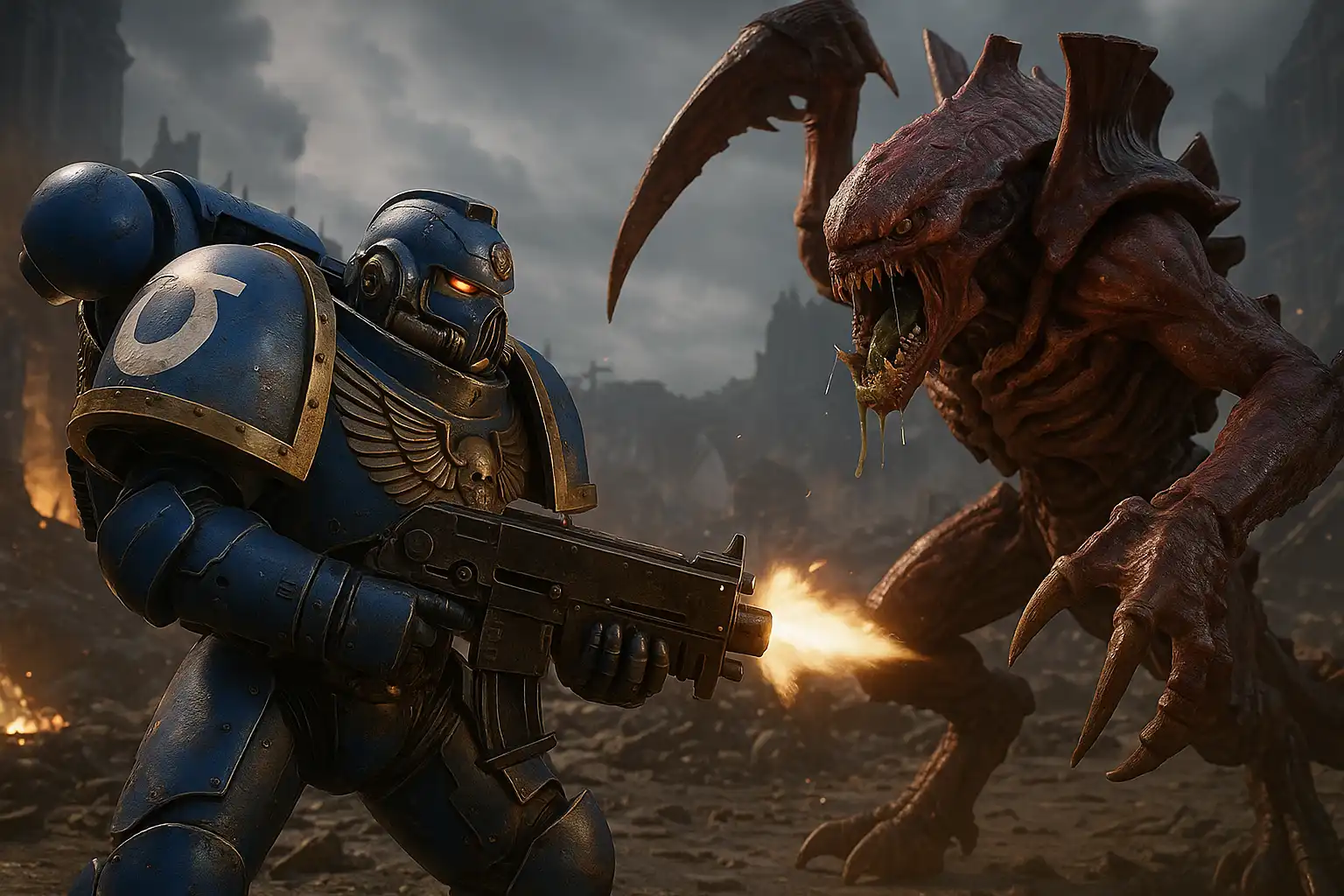 Space Marine en armure bleue affrontant un Tyranide dans Warhammer 40,000 Space Marine 2 sur PS5