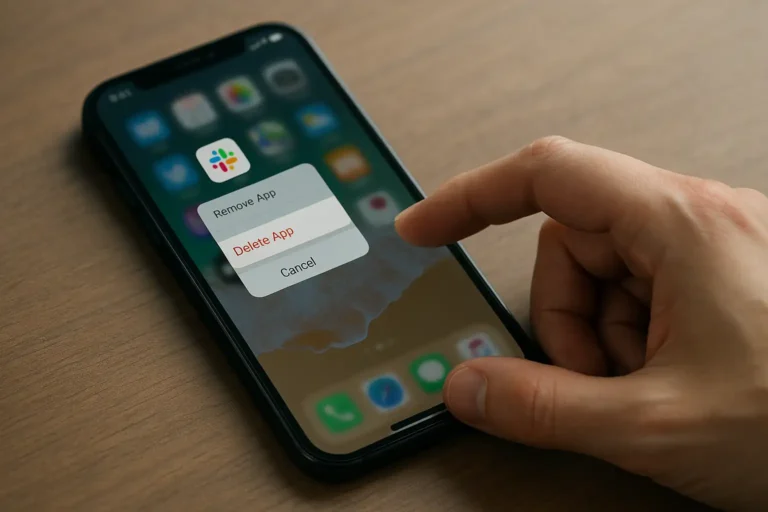 Main s’apprêtant à supprimer une application sur un iPhone en mode suppression