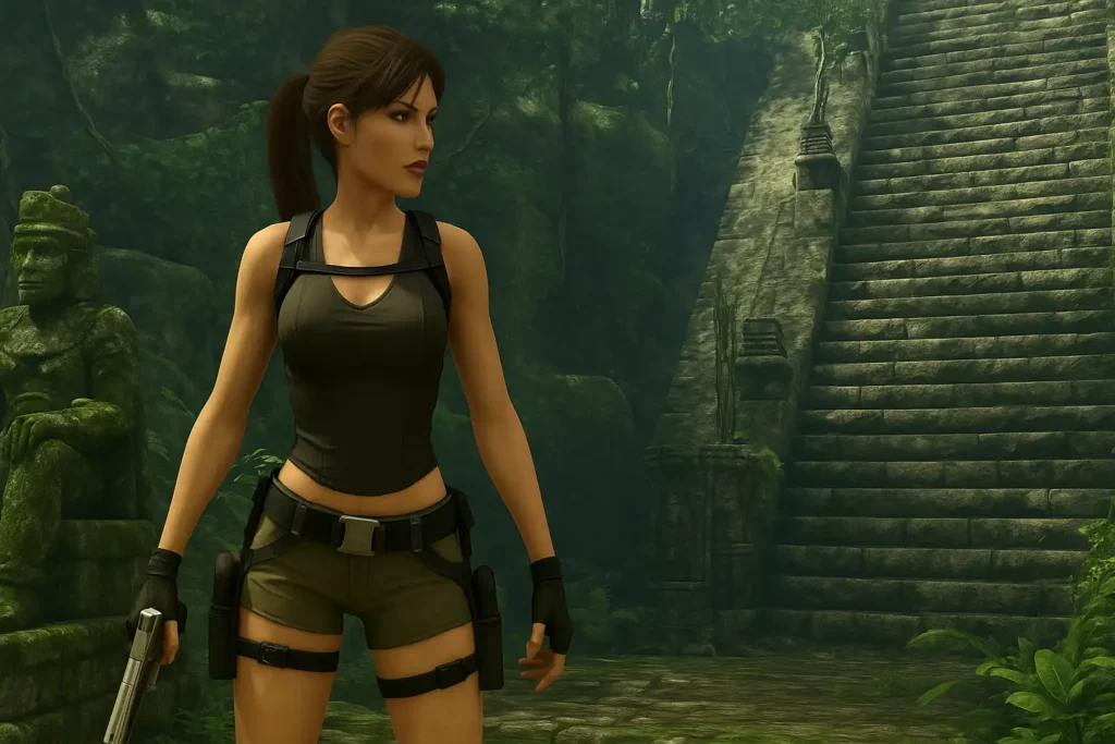 Lara Croft dans Tomb Raider Underworld sur PS3 devant un temple ancien en jungle