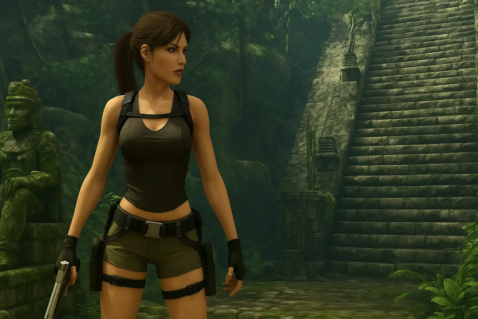 Lara Croft dans Tomb Raider Underworld sur PS3 devant un temple ancien en jungle