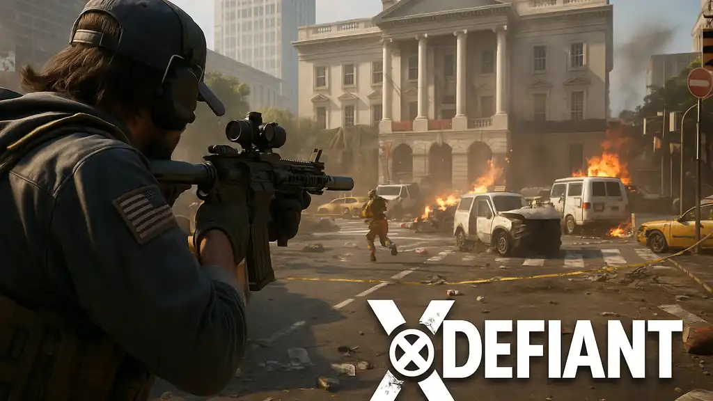 Screenshot du gameplay de XDefiant avec soldat armé dans un décor urbain en ruines
