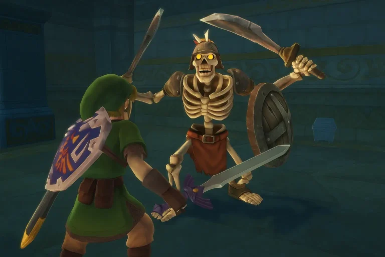 Capture de gameplay horizontale de The Legend of Zelda Skyward Sword sur Wii avec Link affrontant un Stalfos