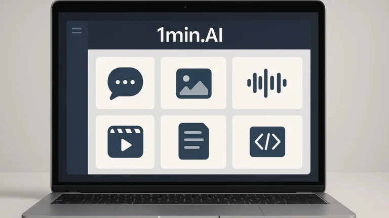 1min.AI : tableau de bord tout-en-un sur laptop avec icônes Chat, Image, Audio, Vidéo, Document et API, éclairage neutre.